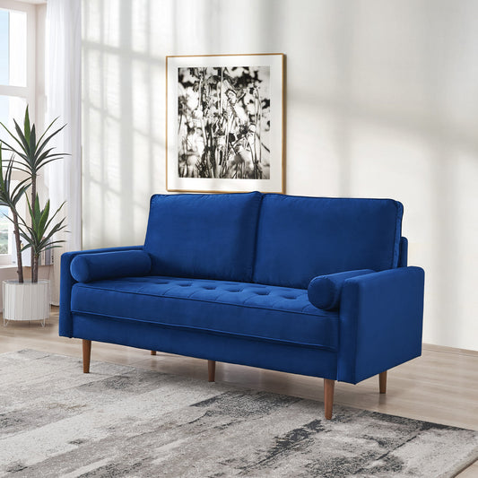 Modern Blue Velvet Loveseat Sofa with Bolster Pillows