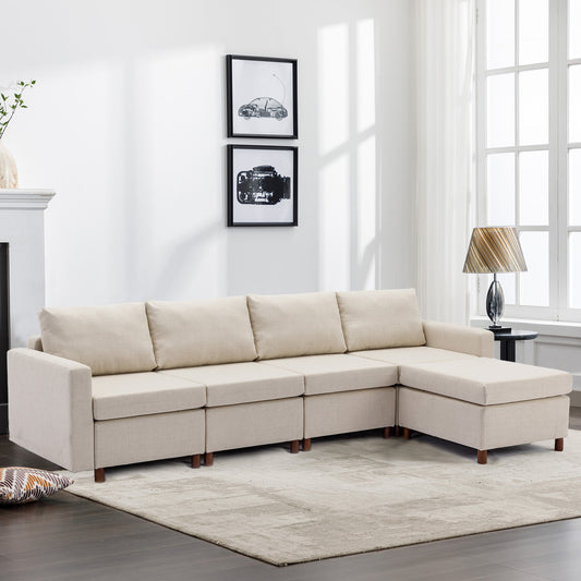 4 Seater Sectional Sofa with Ottoman, Cream Linen, Non-Removable Cushions