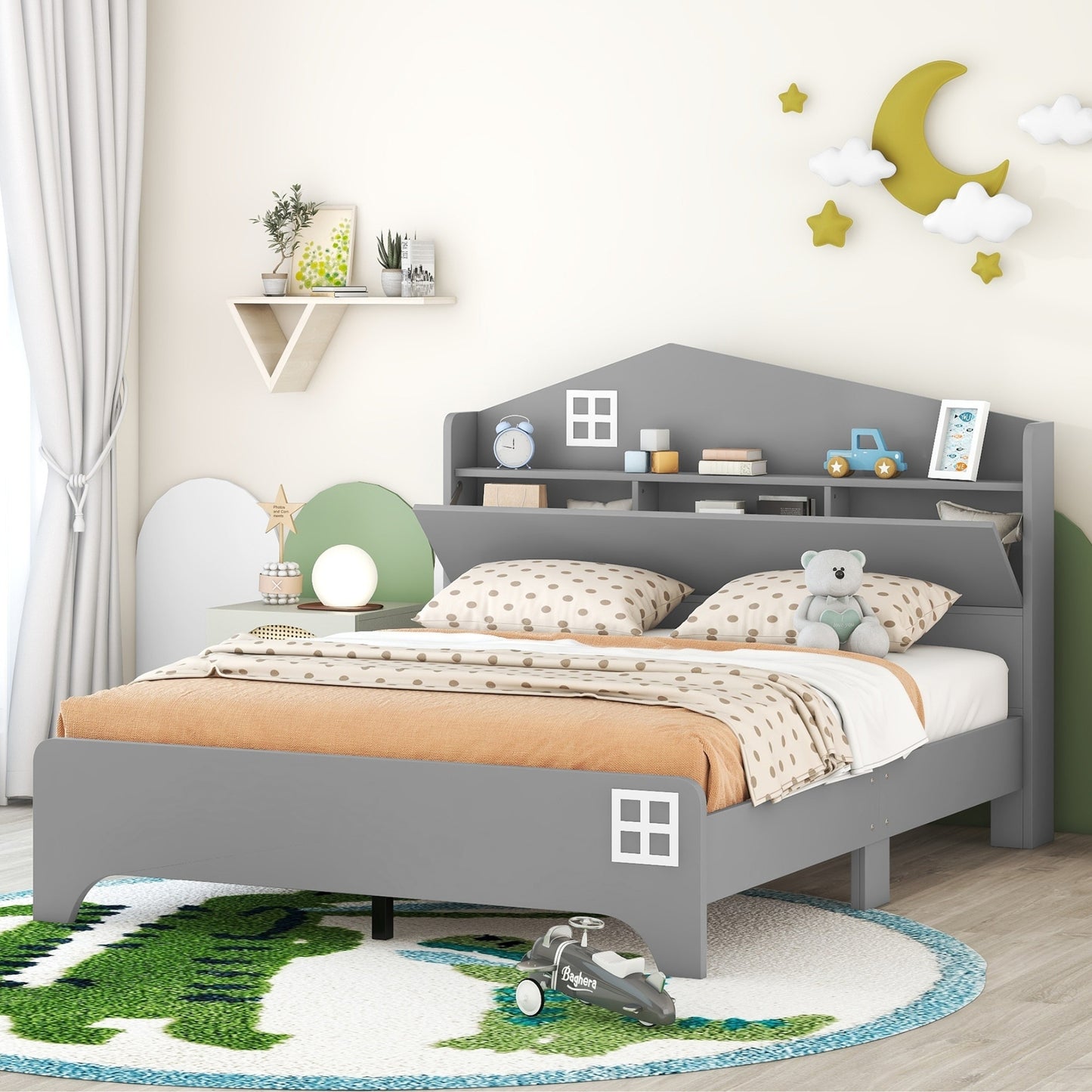 Wooden Full Size House Bed with Storage Headboard ,Kids Bed with Storage Shelf,Grey