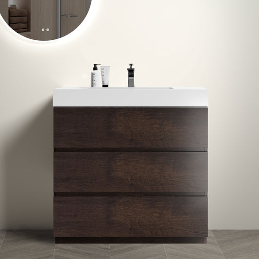 Alice 36" Walnut Bathroom Vanity with Sink, Large Storage Freestanding Bathroom Vanity for Modern Bathroom, One-Piece White Sink Basin without Drain and Faucet