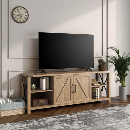 Rustic Tobacco Wood TV Stand with Storage Cabinet and Shelves