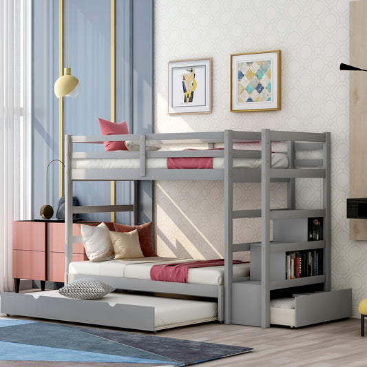 Gray Stairway Bunk Bed with Trundle and Storage