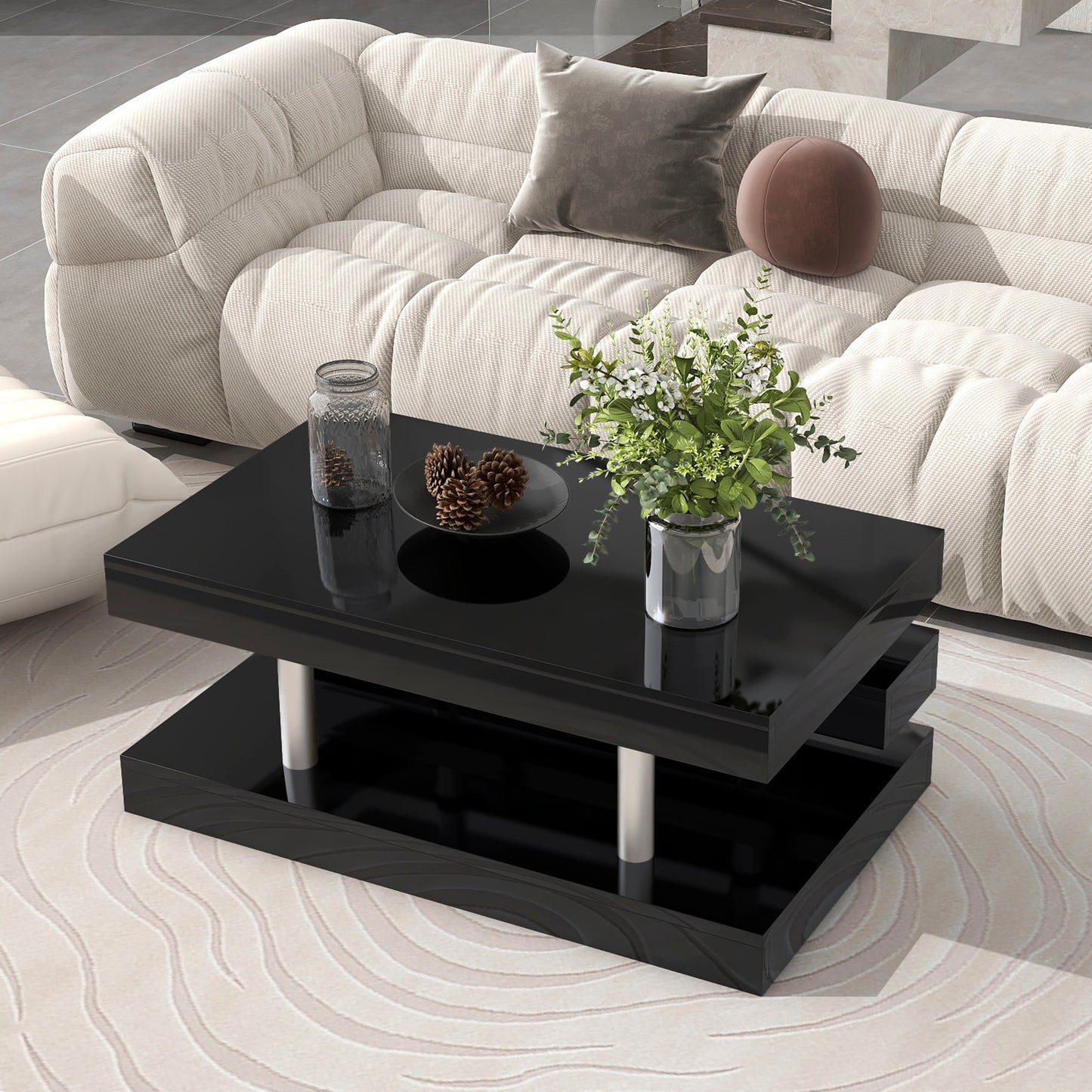 Black Contemporary 2-Tier Coffee Table with Sleek Metal Legs and High-Gloss UV Surface