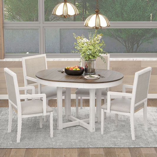 TREXM 5-Piece Dining Table Set, Two-Size Round To Oval Extendable Butterfly Leaf Wood Dining Table and 4 Upholstered Dining Chairs with Armrests (Brown+White)