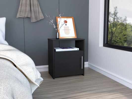 Nordico Nightstand, One Shelf, Single Door Cabinet, Metal Handle -Black