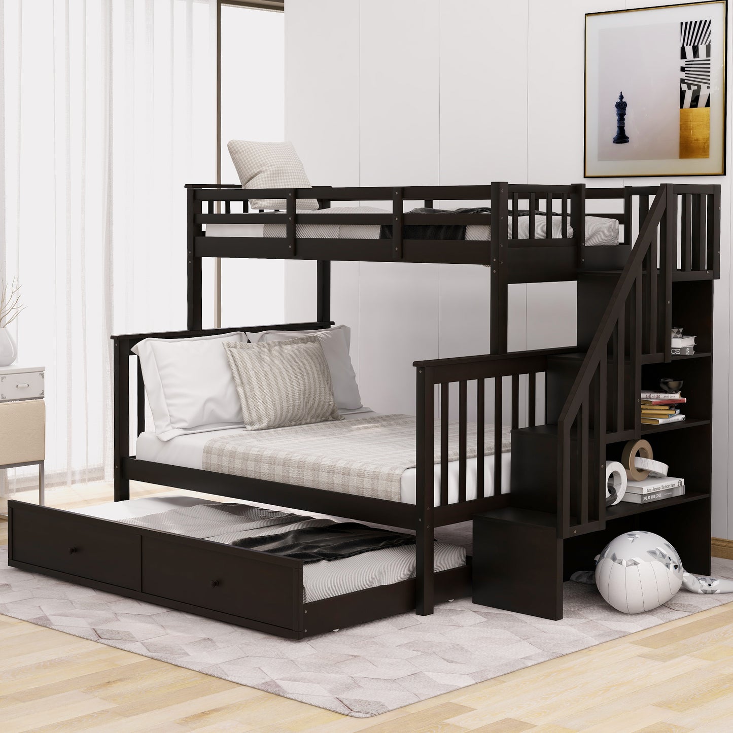 Stairway Bunk Bed with Storage, Trundle, and Guard Rail in Espresso Finish for Adults