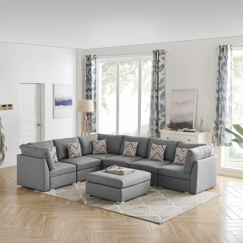 Amira Gray Fabric Convertible Sectional Sofa Set with Ottoman and Throw Pillows