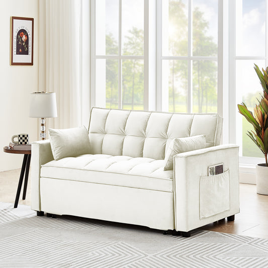 Sleeper Sofa Couch w/Pull Out Bed, 55" Modern Velvet Convertible Sleeper Sofa Bed, Small Love seat Sofa Bed w/Pillows & Side Pockets for Small Space, Living Room, Apartment, Cream White