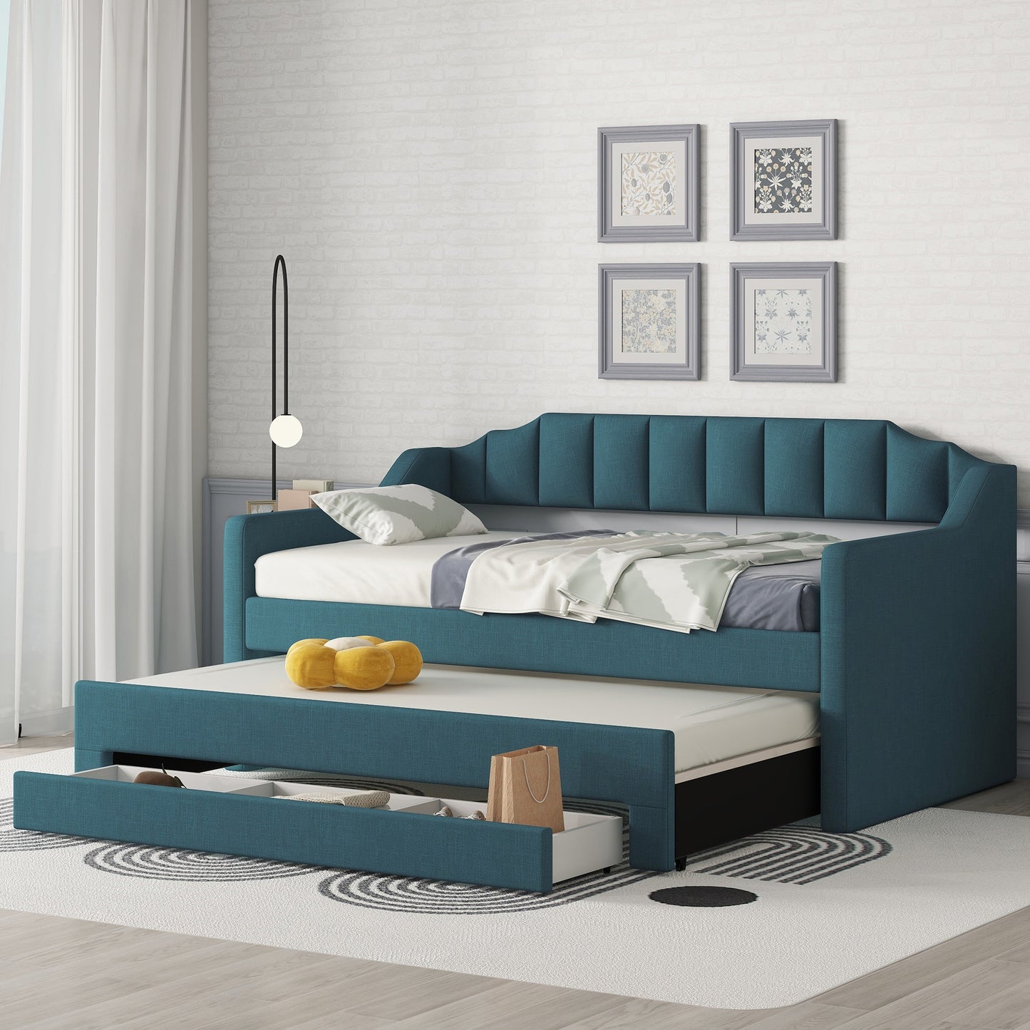 Twin Size Upholstered Daybed with Trundle and Three Drawers,Green