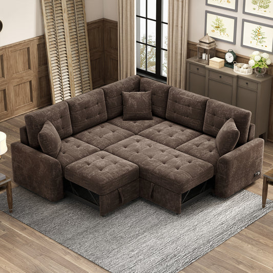 Convertible L-Shape Sleeper Sofa with USB Ports and Power Sockets, Brown