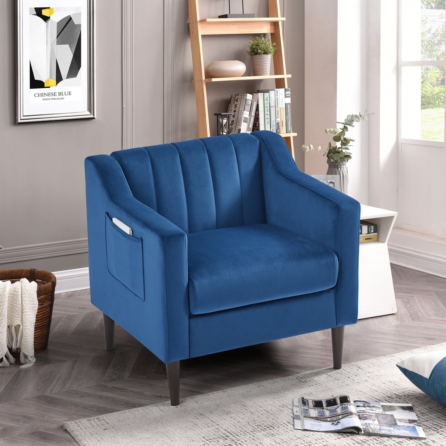 Modern Upholstered Tufted Accent Chair, Velvet Fabric Single Sofa Side Chair, Comfy Barrel Club Living Room Armchair with Solid Wood Legs for Bedroom Living Reading Room Office, Blue