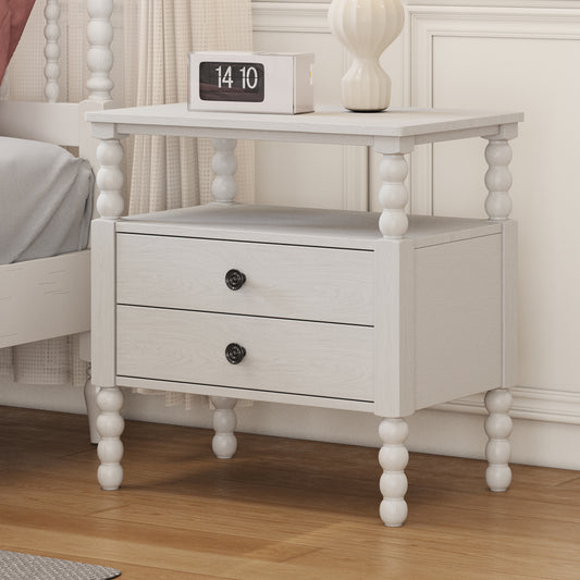 Gourd Shaped Leg 2 Drawer Nightstand, Antique White