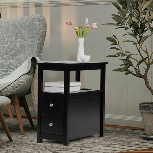 End Table with Charging Station, Narrow Sofa Side Table, Wooden Nightstand, Bedroom Living Room Furniture, Black