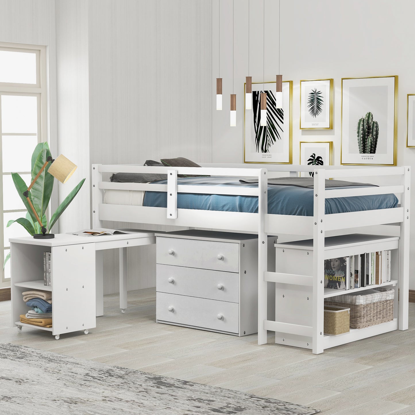 Low Study Twin Loft Bed with Cabinet and Rolling Portable Desk - White