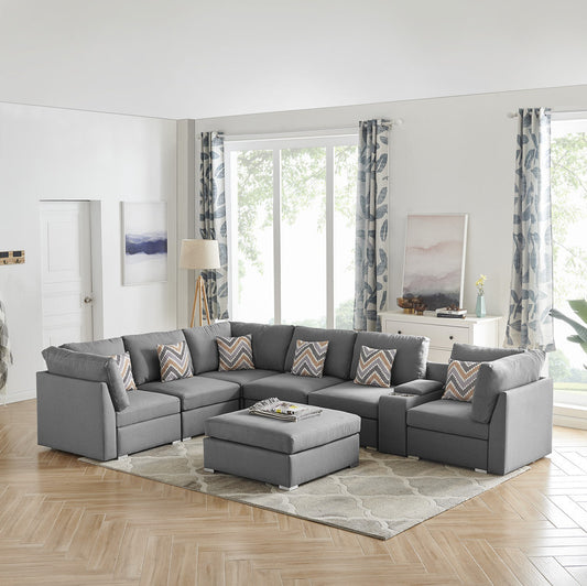 Gray Fabric Modular Sectional Sofa with USB Console and Ottoman