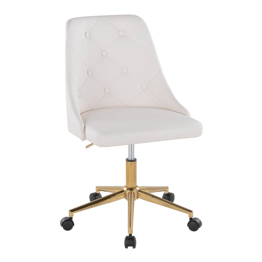 Marche Contemporary Swivel Task Chair with Casters in Gold Metal and White Faux Leather by LumiSource