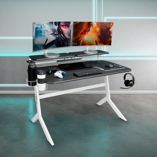 Tech-inspired White Stryker Gaming Desk with Dual Monitor Shelves, White