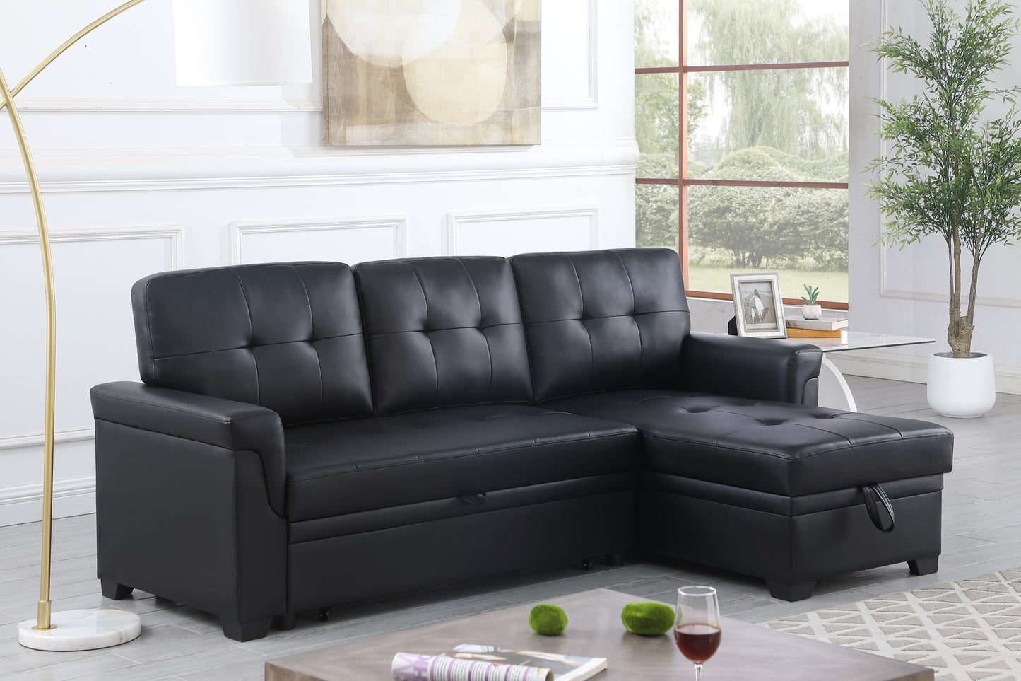 Lexi Modern Black Vegan Leather Sectional Sofa with Sleeper and Storage Chaise