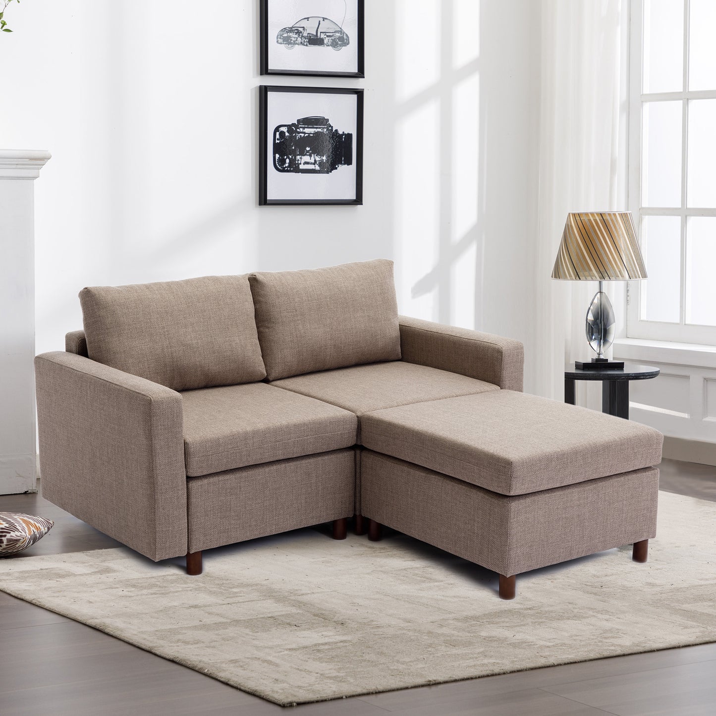 Sectional Sofa Couch with Ottoman, High-Quality Linen, Brown