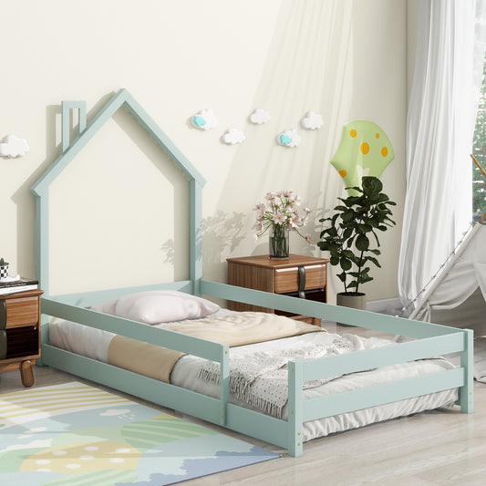 Twin Size Wood bed with House-shaped Headboard Floor bed with Fences,Light Green