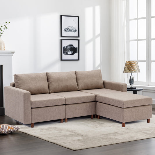 3-Seat Modular Sectional Sofa Set with Ottoman, High-Quality Linen Fabric, Brown