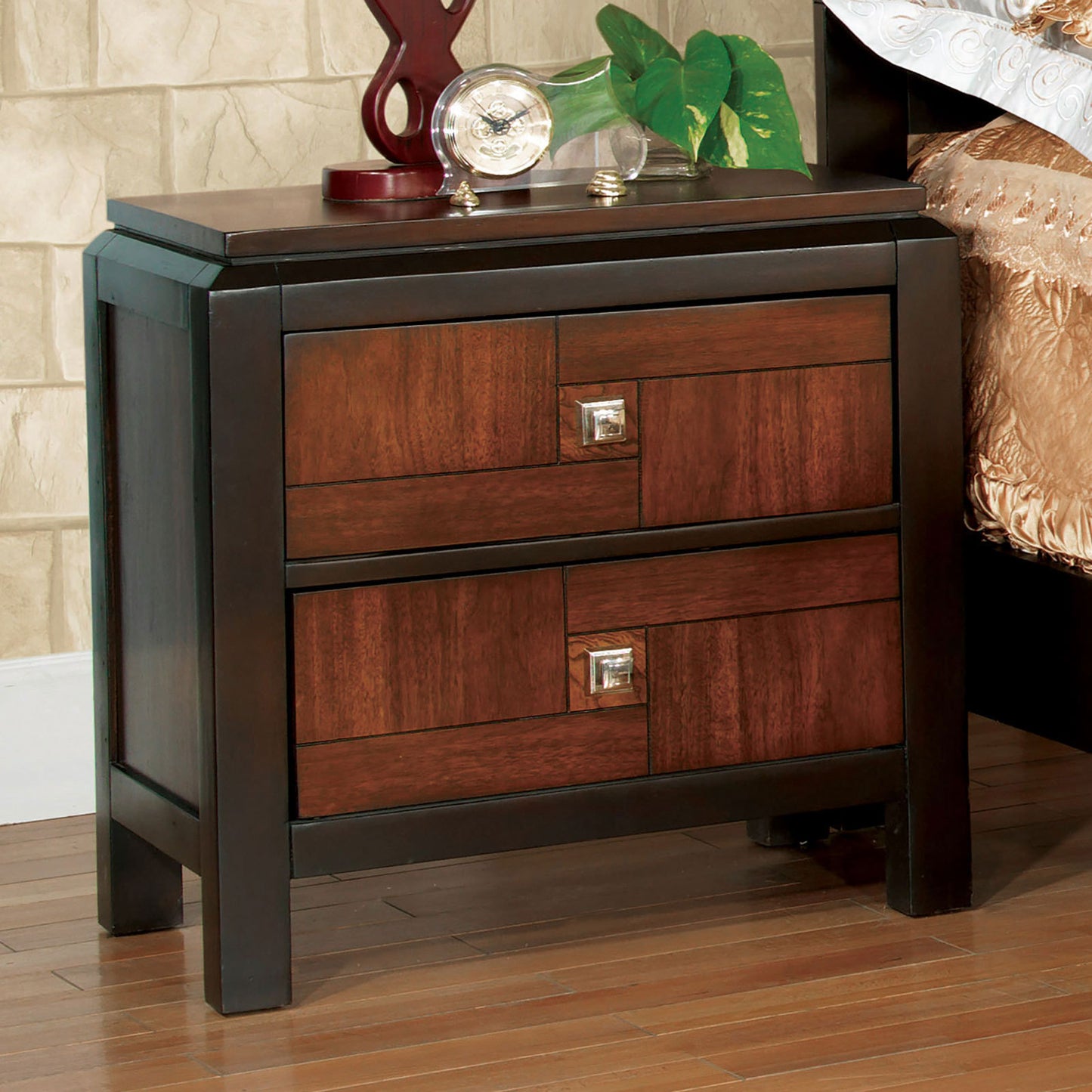 Acacia Walnut 1pc Nightstand Only Transitional Solid wood 2-Drawers Square Chrome Knobs Multitone Unique Nightstand