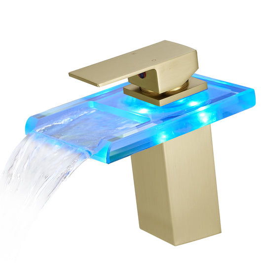 LED Light 3 Colors Changing Waterfall Glass Spout Bathroom Faucet