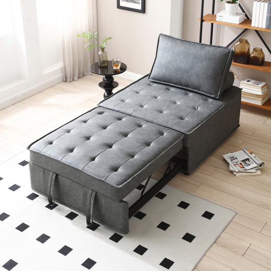 Multipurpose Faux Leather Ottoman Lazy Chair Pulling Out Sofa Bed (Dark Grey)