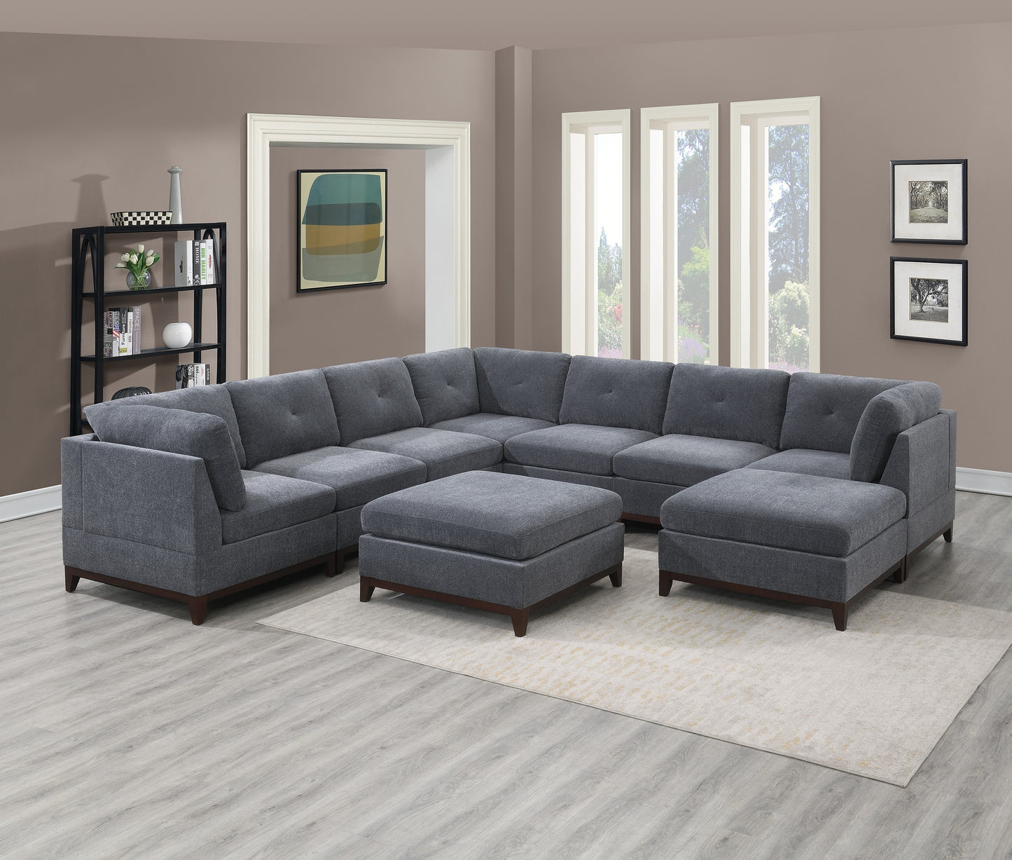 Ash Grey Chenille Fabric Modular Sectional Set with Armless Chairs, Ottomans, and Corner Wedges