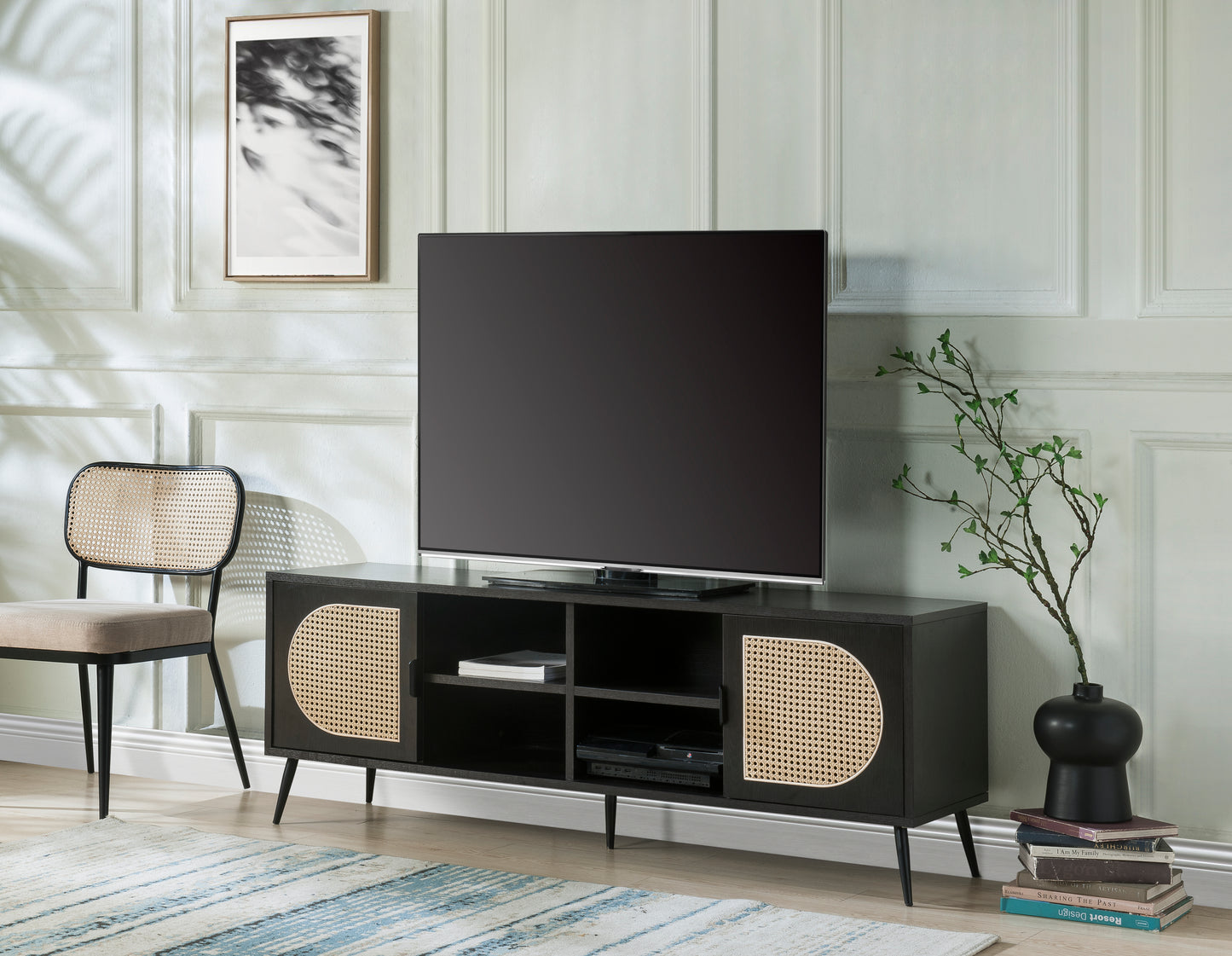 Colson TV Stand in Black - Modern Media Console with Rattan Door Front Inserts