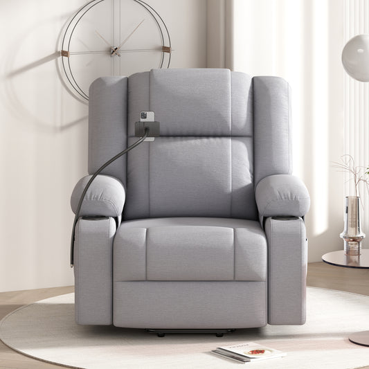 Grey Electric Power Lift Recliner Chair with Massage, Heat, Storage, and Swivel Phone Holder