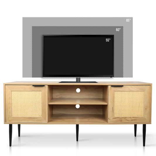 Rattan-Doored Wooden TV Stand with Open Shelves for TVs up to 65 Inches