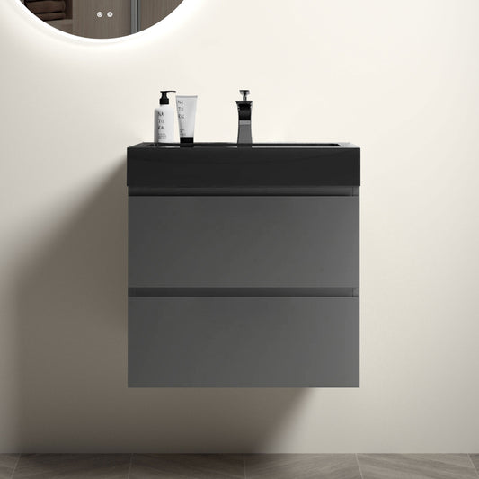 Alice 24" Gray Bathroom Vanity with Sink, Large Storage Wall Mounted Floating Bathroom Vanity for Modern Bathroom, One-Piece Black Sink Basin without Drain and Faucet