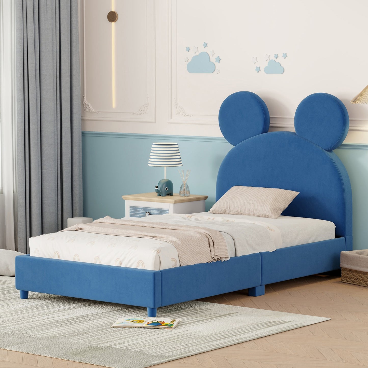 Twin Size Upholstered Platform Bed with Bear Ear Shaped Headboard, Blue