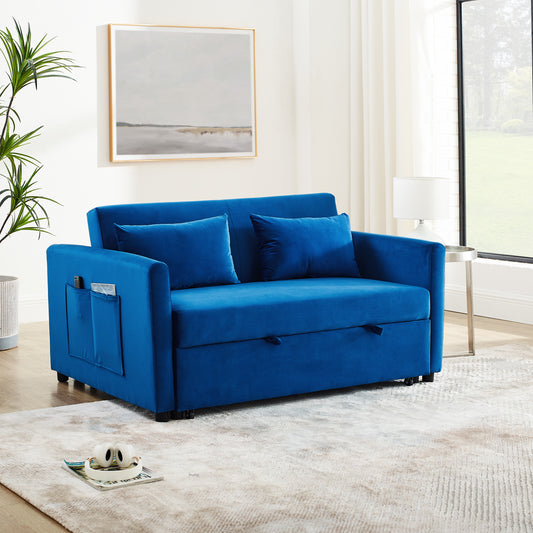 Convertible Sofa Bed, 3-in-1 Versatile Velvet Double Sofa with Pullout Bed, Seat with Adjustable Backrest, Lumbar Pillows, and Living Room Side Pockets, 54 Inch, Blue