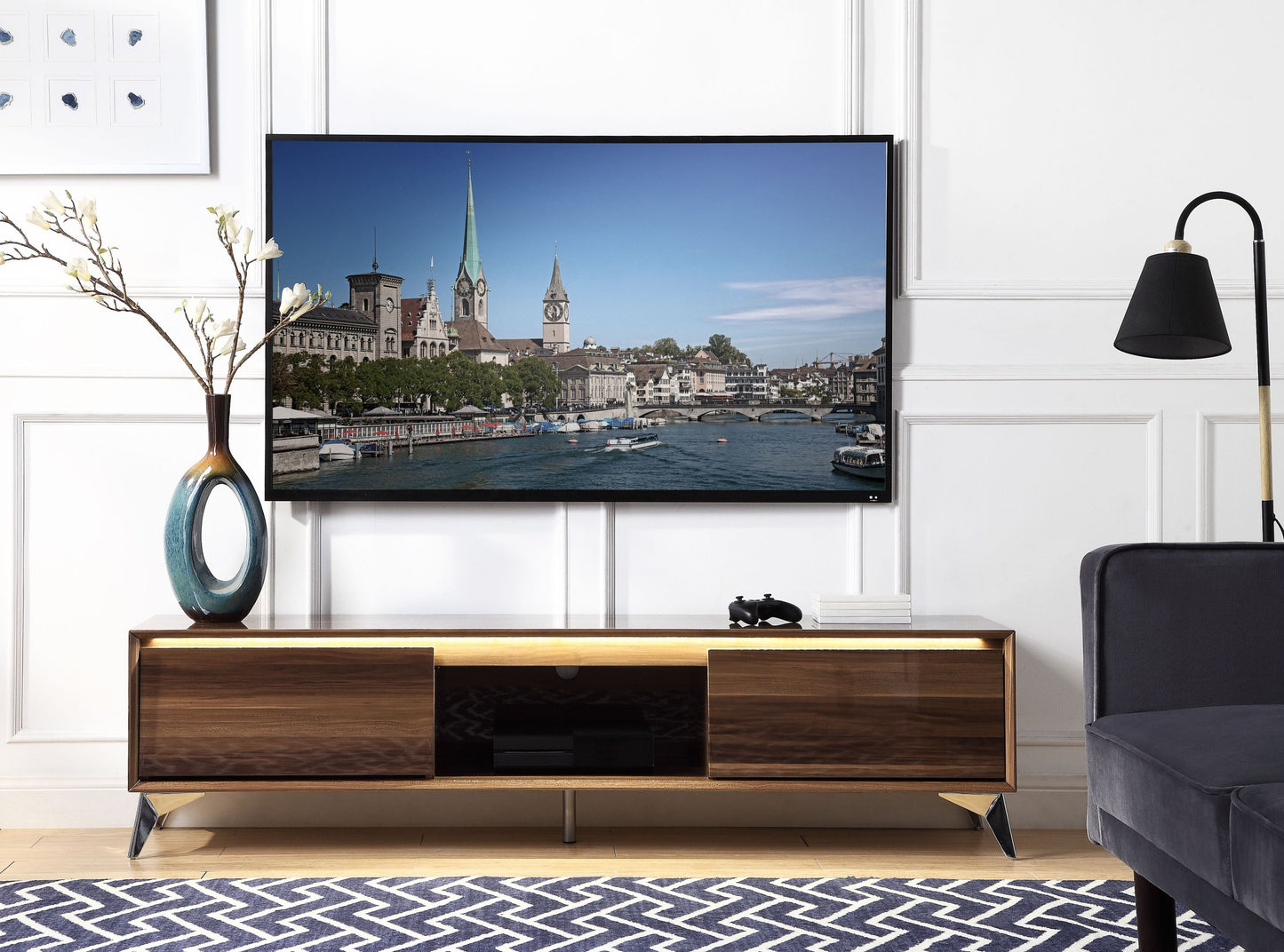 Sleek LED TV Stand with Walnut & Chrome Finish