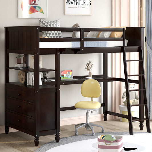 Twin size Loft Bed with Drawers and Desk, Wooden Loft Bed with Shelves - Espresso(: LT001530AAP)