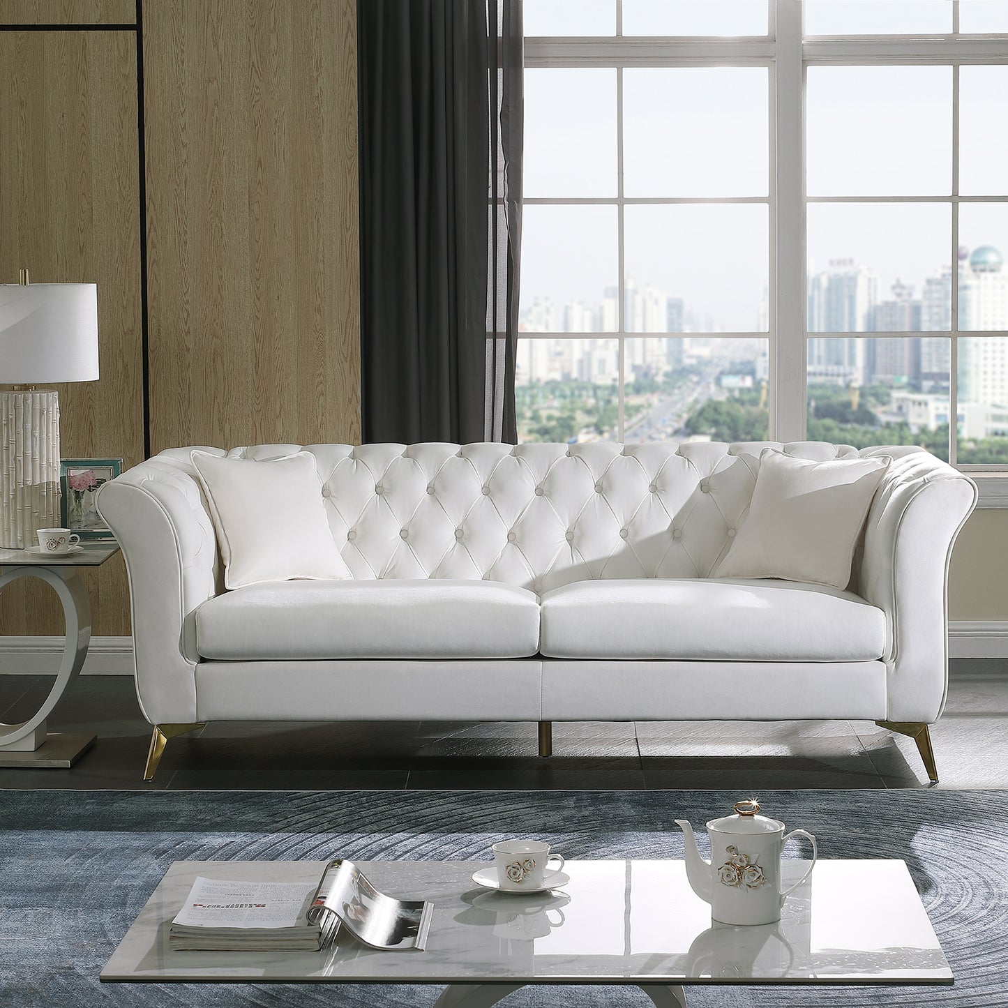 Chesterfield sofa ,Stanford sofa ,  high quality Chesterfield sofa ,white color , tufted and wrinkled fabric  sofa;contemporary Stanford sofa . tufted sofa with scroll  arm and scroll back