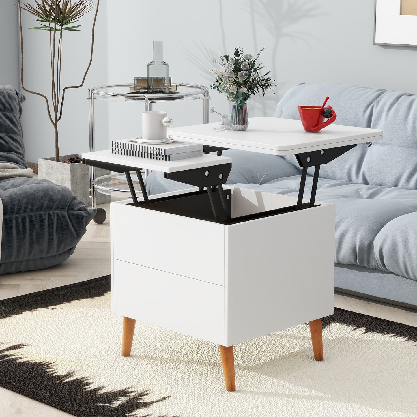 White Extendable Coffee Table with Storage & Lift Top