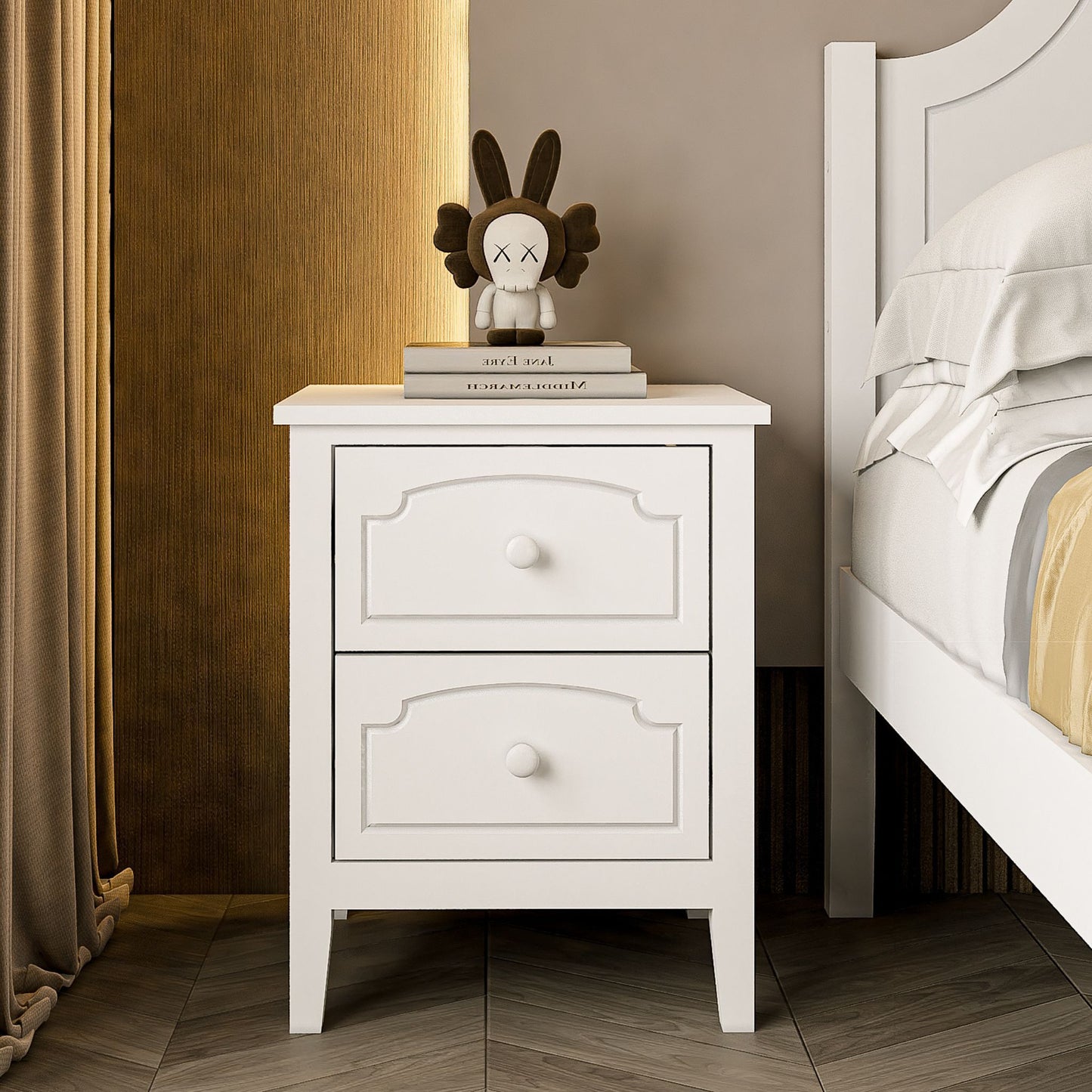 White Contemporary Roman Style, Solid Wood 2 Drawers Nightstand, Bedside Table, Living Room End Table. Paint Sprayed Finishing