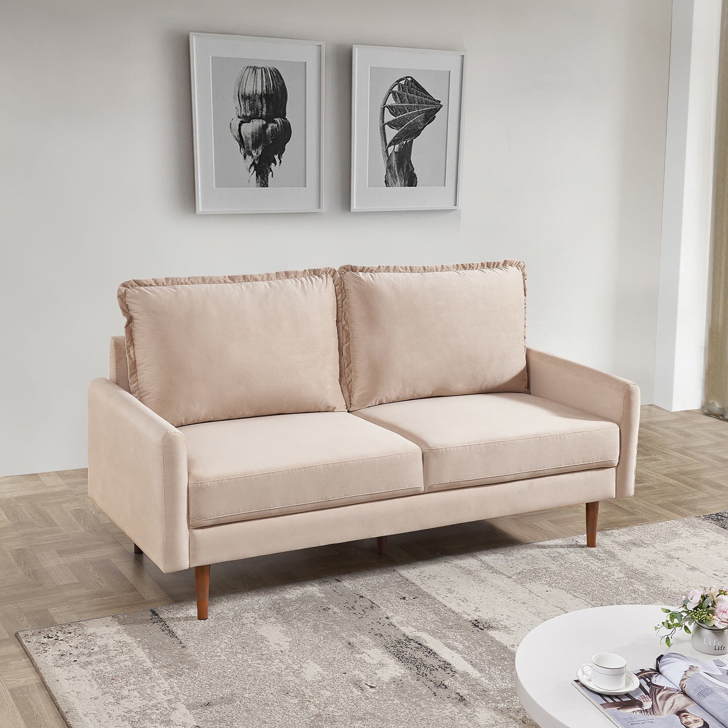 69 Inches Beige Velvet Upholstered 3-Seater Sofa with Modern Craftsmanship