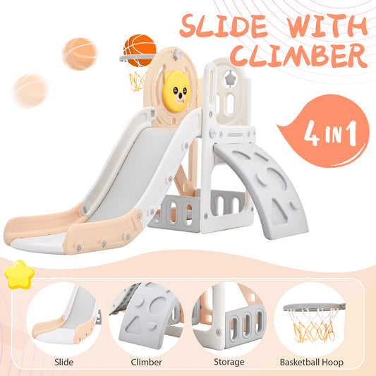 Toddler Climber and Slide Set 4 in 1, Kids Playground Climber Freestanding Slide Playset with Basketball Hoop Play Combination for Babies Indoor & Outdoor