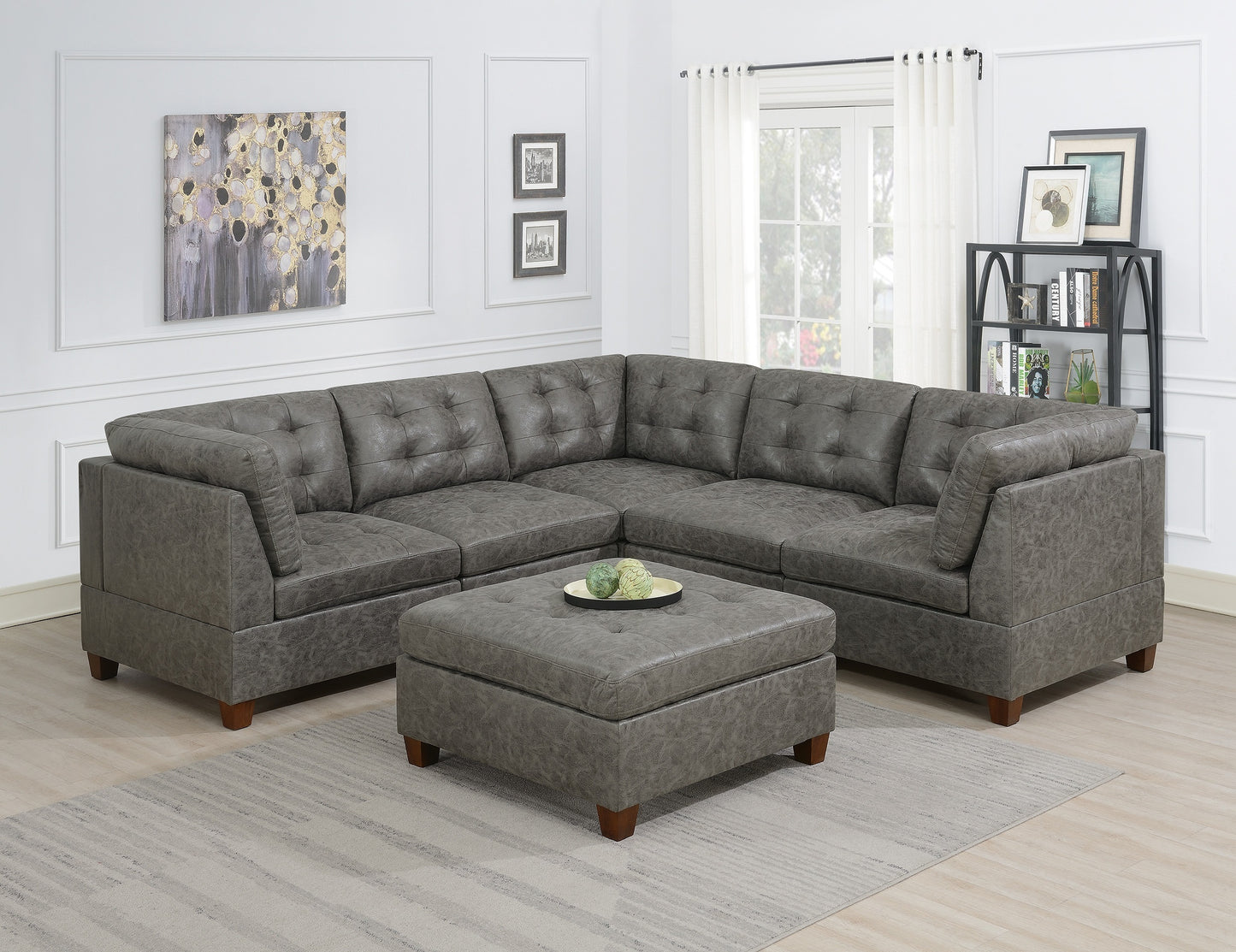 Antique Grey Leatherette Modular Sectional Sofa Set with 6 Pieces