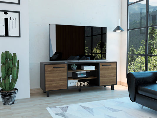 Kaia TV Stand with Four Shelves and Stylish Black/Pine Finish, Accommodates TVs up to 55