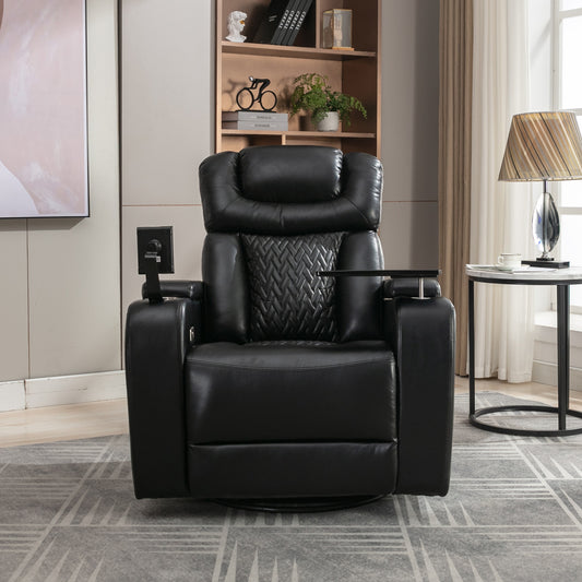 Luxury Black Swivel Recliner Chair with Tray Table, Phone Holder, and USB Port