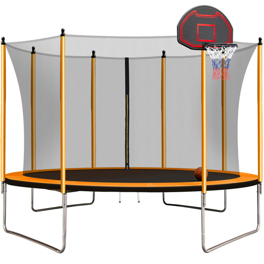 10FT  Trampoline with Basketball Hoop Inflator and Ladder(Inner Safety Enclosure) Orange