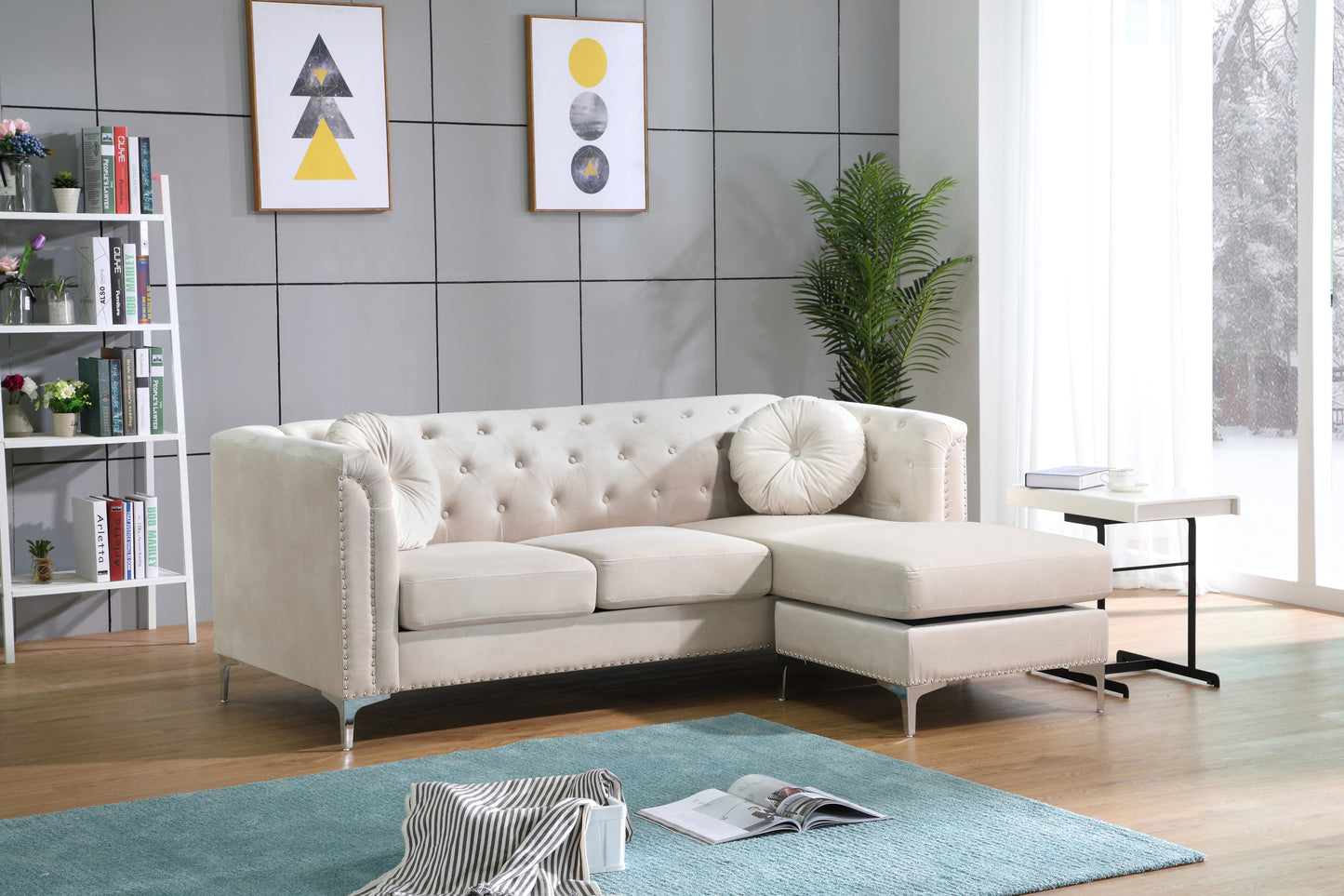 Ivory Mid Century Design Sofa Chaise with Velvety Microsuede Cover and Chromed Steel Legs