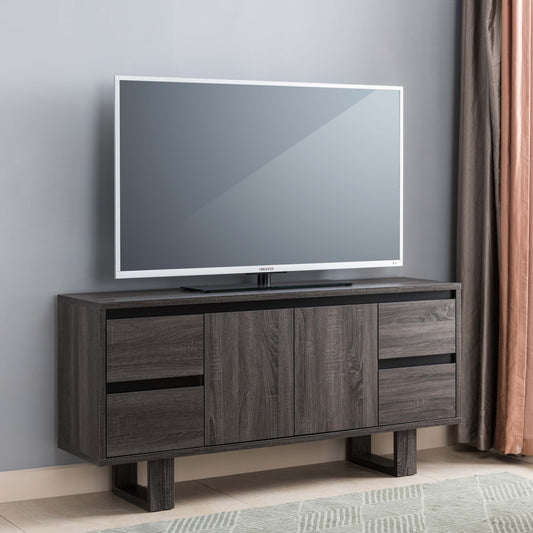 Distressed Gray and Ebony TV Console with Storage Drawers and Cabinet