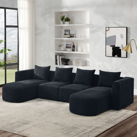 U Shape Sectional Sofa including Two Single Seats and Two Chaises, Modular Sofa, DIY Combination, Loop Yarn Fabric, Black