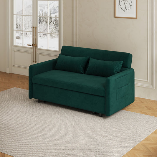 Sofa Pull Out Bed Included Two Pillows 54" Green Velvet Sofa for Small Spaces